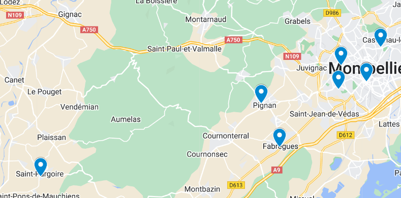 Carte des emplacements des différentes crèches de l'association Familles Rurales de l'Hérault